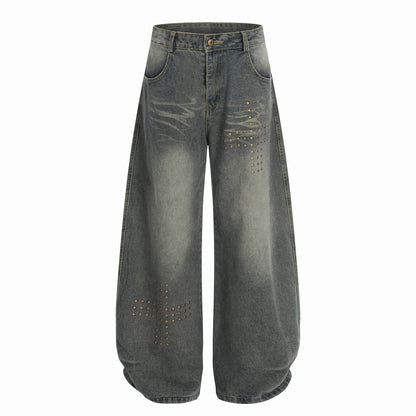 Washed Whisker Cross Studs Wide Leg Denim Jeans WN25798