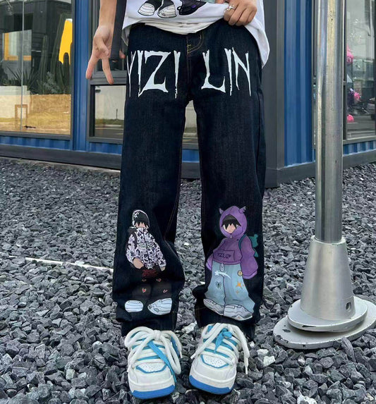 Illustration Print Wide Leg Denim Jeans & Half Denim Jeans WN24037