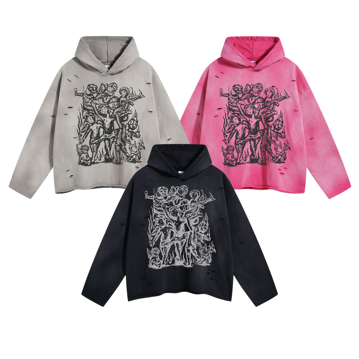 Spray Print Damage Cut-off Oversize Hoodie WN10002