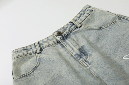 Washed Letter Print Wide Leg Denim Jeans WN25419