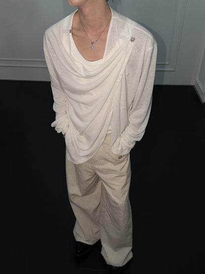 Asymmetric Draped Button Long Sleeve T-Shirt WN27045