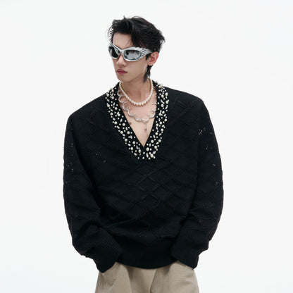 Diamond Decor Argyle V-Neck Knit Sweater WN21219