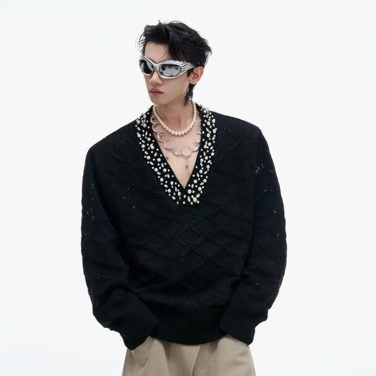 Diamond Decor Argyle V-Neck Knit Sweater WN21219