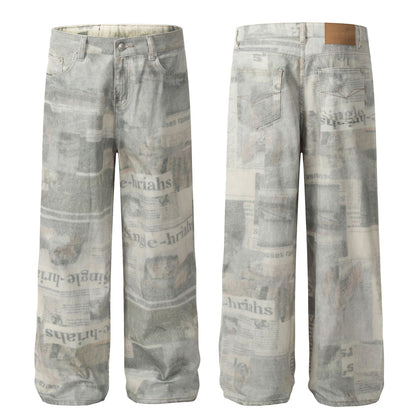 Newspaper Print Straight Denim Jeans WN25855
