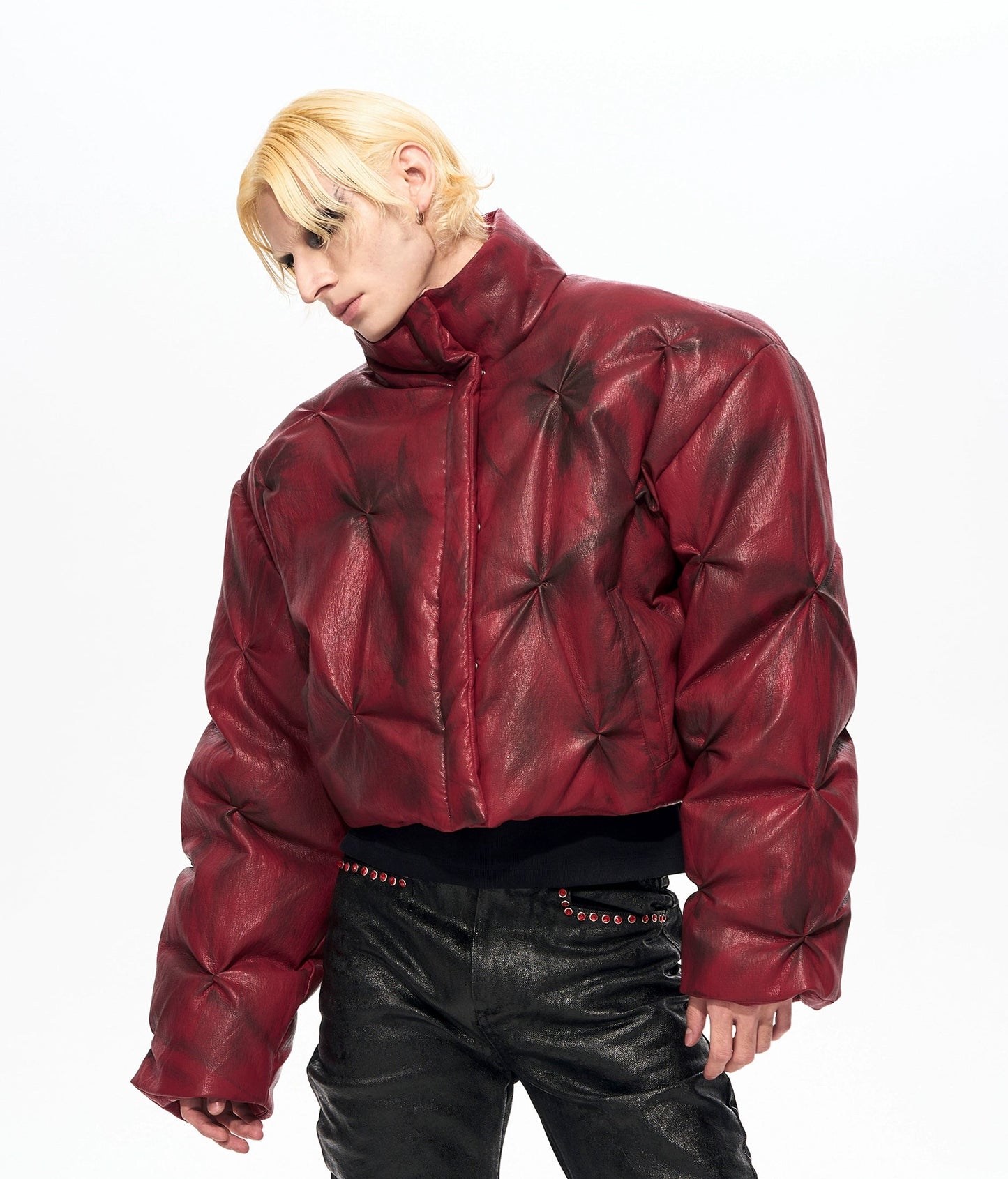 Stand Neck Pleats Washed Short PU Leather Puffer Jacket WN22133