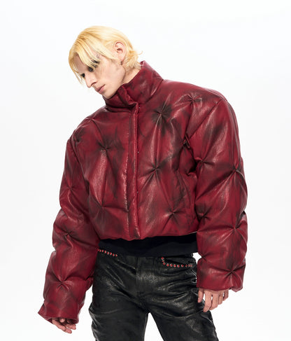 Stand Neck Pleats Washed Short PU Leather Puffer Jacket WN22133