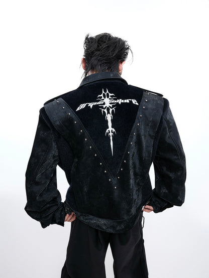 Studs Graphic Print Embroidery PU Leather Jacket WN20548