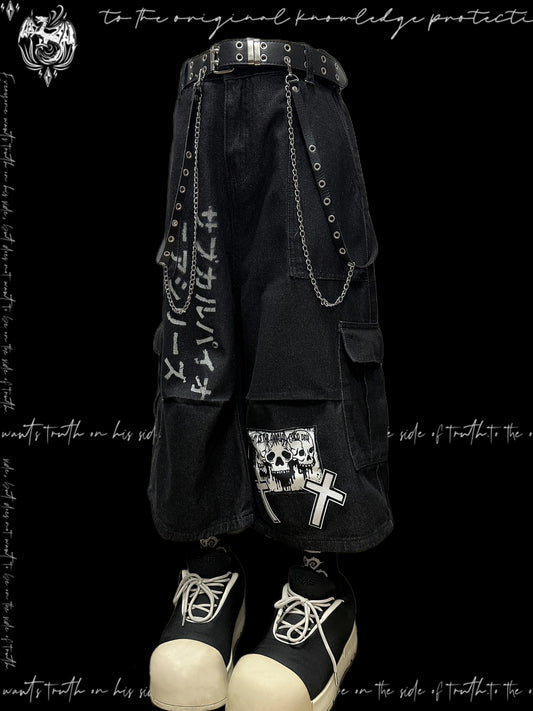 Graphic Letter Print Patchwork Wide Leg Cargo Denim Half Jeans & Belt & Chain WN20128