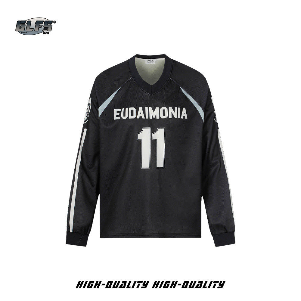 V-Neck Mesh Raglan Number Long Sleeve T-Shirt WN26581
