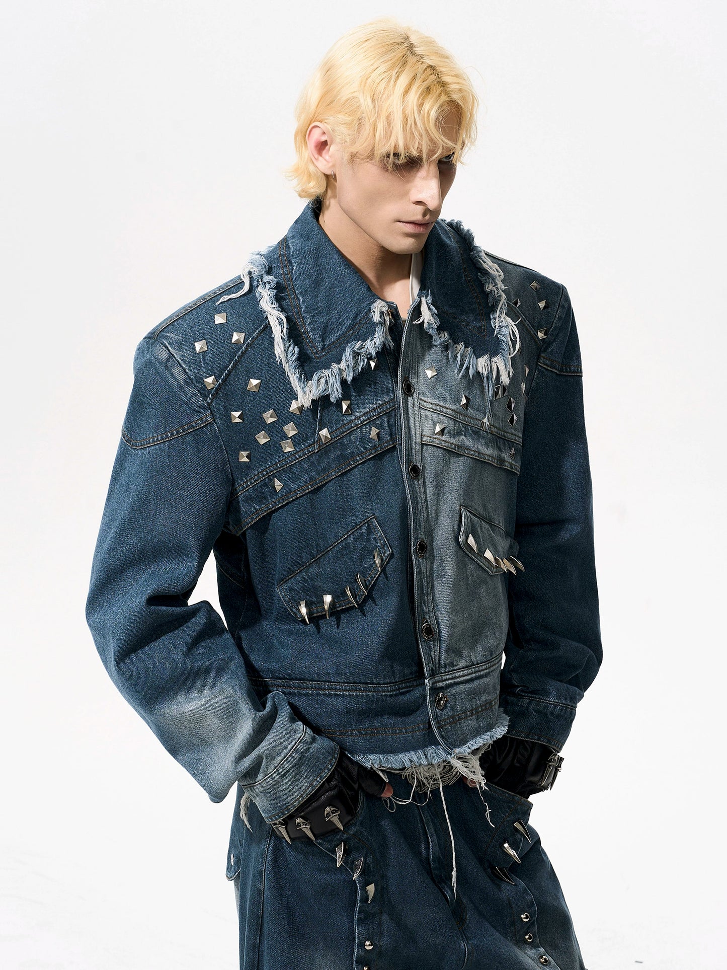 Deconstruction Rivet Design Washed Damege Denim Jacket & Denim Jeans Setup WN21969