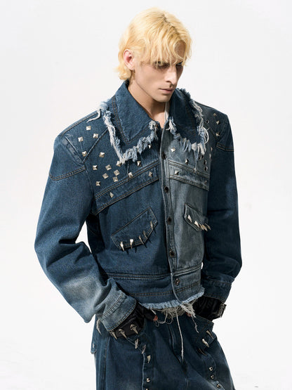 Deconstruction Rivet Design Washed Damege Denim Jacket & Denim Jeans Setup WN21969