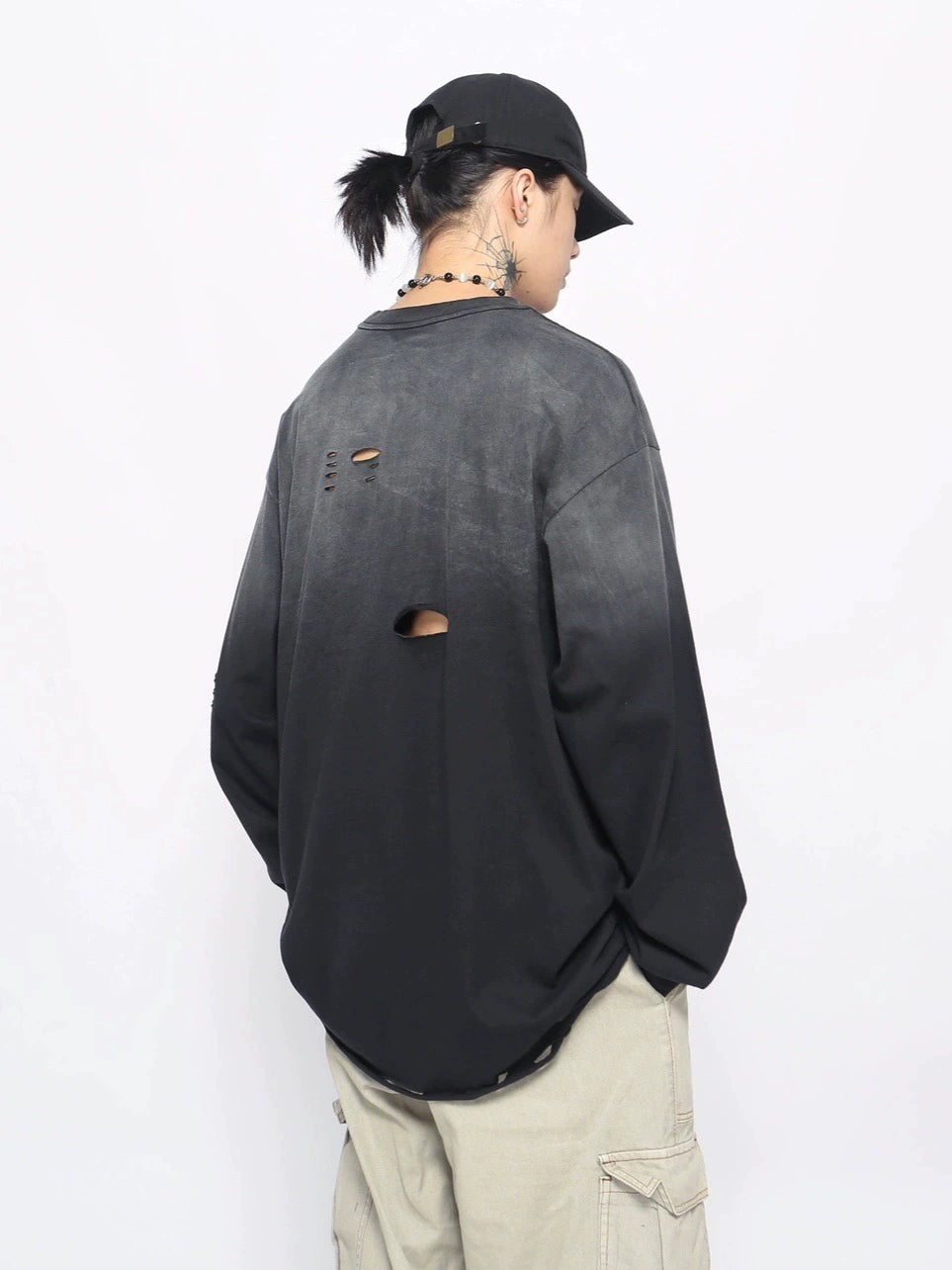 Washed Damage Hem Long Sleeve T-Shirt WN10887