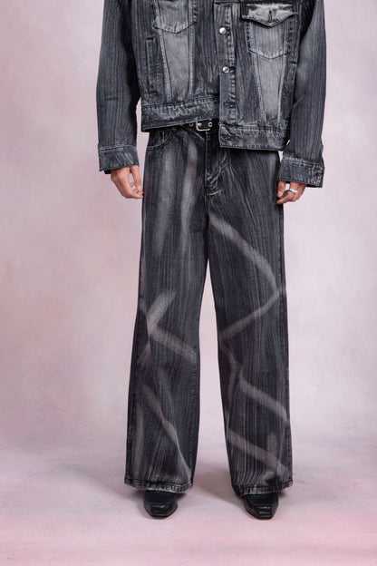 Hand-Painted Washed Denim Jacket & Wide-Leg Straight Denim Jeans Setup WN9229