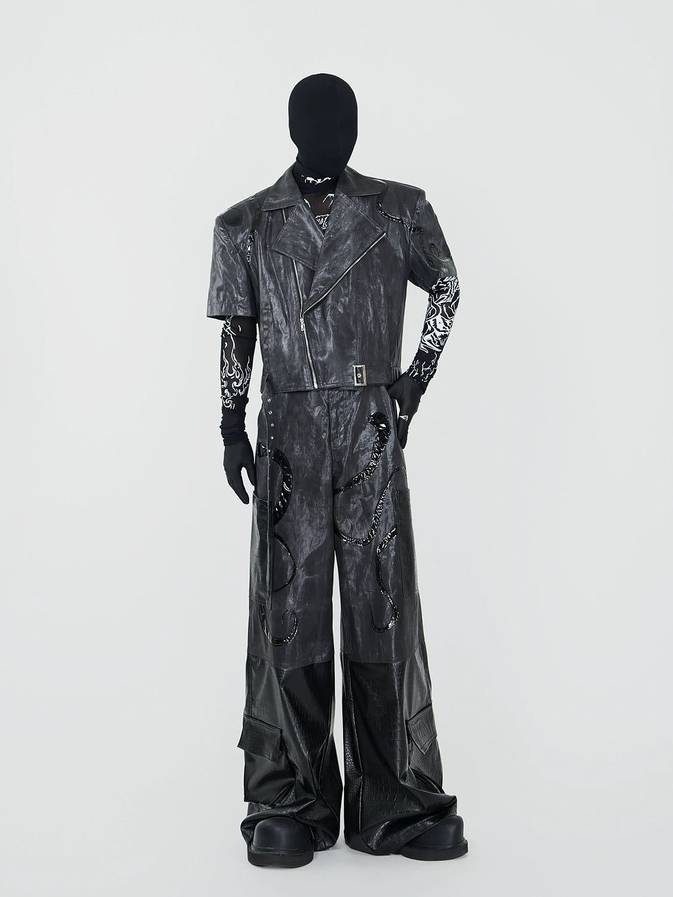 PU Leather Short Sleeve Jacket & PU Leather Wide Leg Pants & Graphic Design Mesh Long Sleeve T-Shirt Setup WN17339