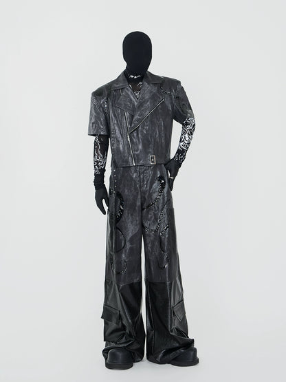 PU Leather Short Sleeve Jacket & PU Leather Wide Leg Pants & Graphic Design Mesh Long Sleeve T-Shirt Setup WN17339