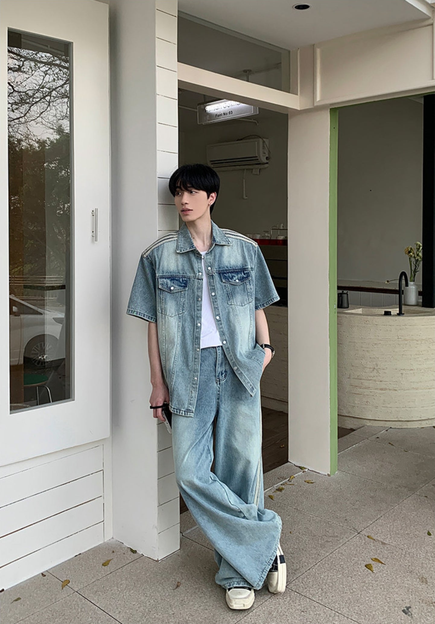 Washed Denim Short Sleeve Shirt Jacket & Wide Leg Denim Jeans Setup WN24955