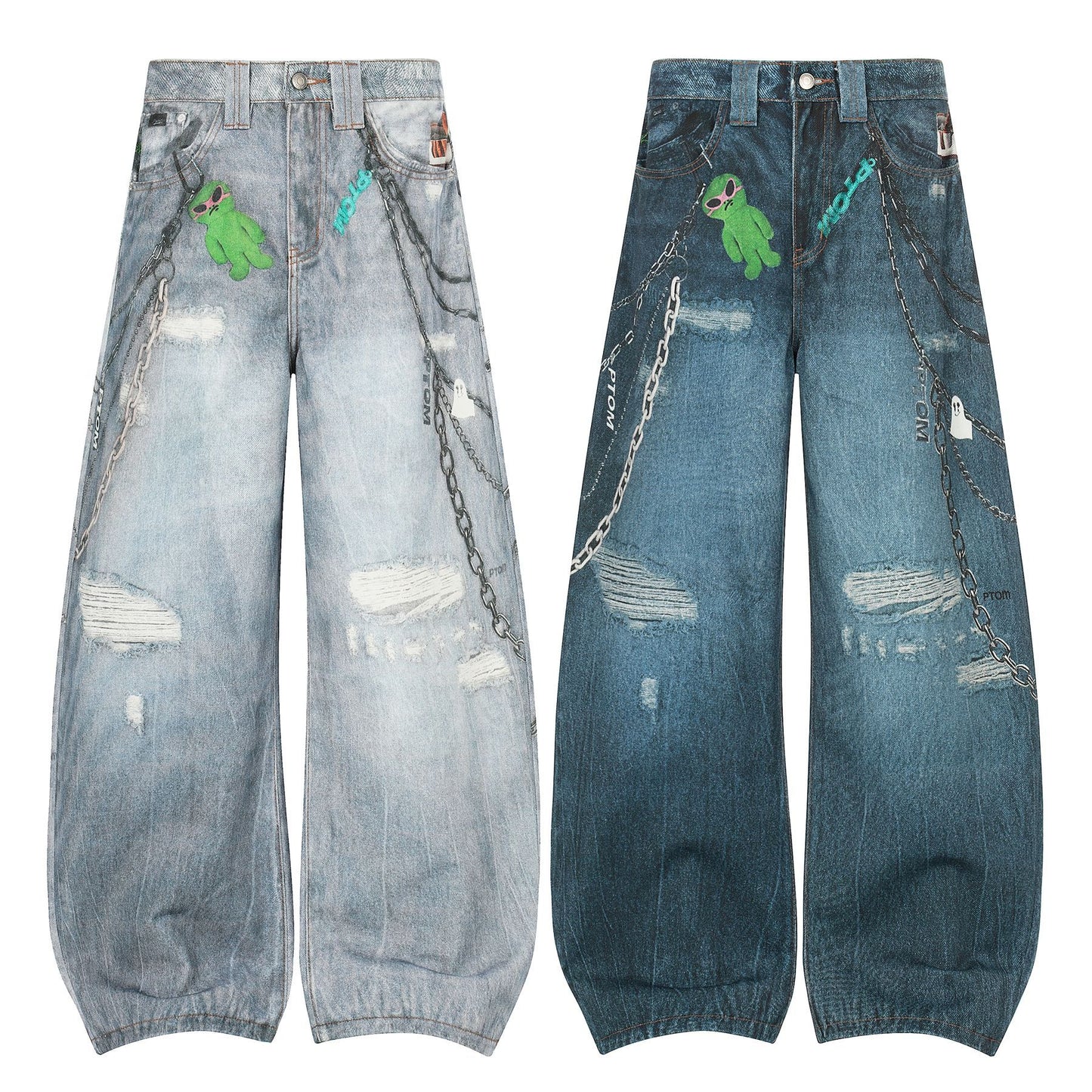 Washed 3D Print Curved Wide Leg Denim Jeans WN25920