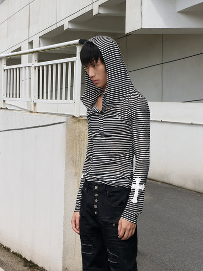 Stripe Cross Print Snap Button Hoodie WN27253