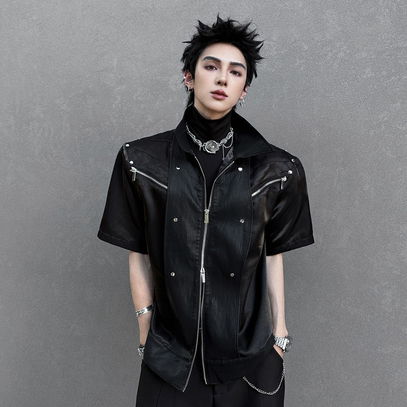 Lapel Zipper Short Sleeve Shirt Jacket WN25121