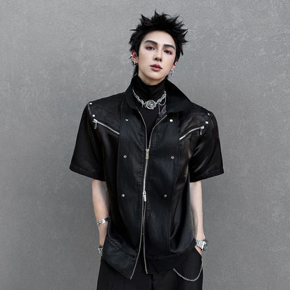 Lapel Zipper Short Sleeve Shirt Jacket WN25121