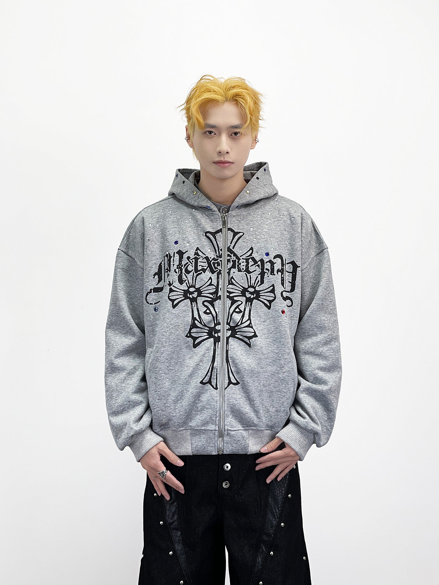 Goth Print Rhinestone Oversize Zipper Hoodie WN24258