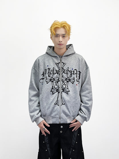 Goth Print Rhinestone Oversize Zipper Hoodie WN24258