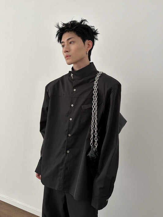 Metal Logo Button Up Stand Neck Long Sleeve Shirt WN8871