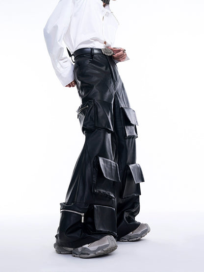 Multi Pocket PU Leather Wide Leg Cargo Pants WN8089