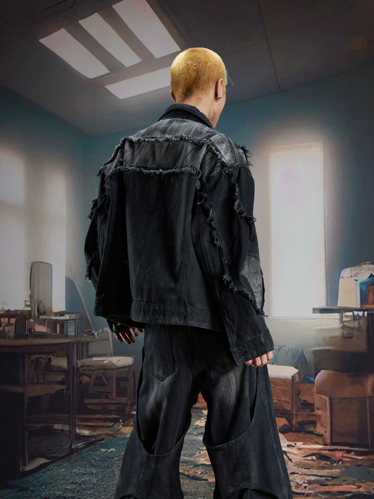 Washed Ribbon Splicing Denim Jacket & Flare Cargo Denim Jeans Setup WN21338