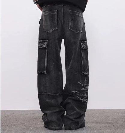 Cargo Pocket Embroidery Wide Leg Denim Jeans WN25718