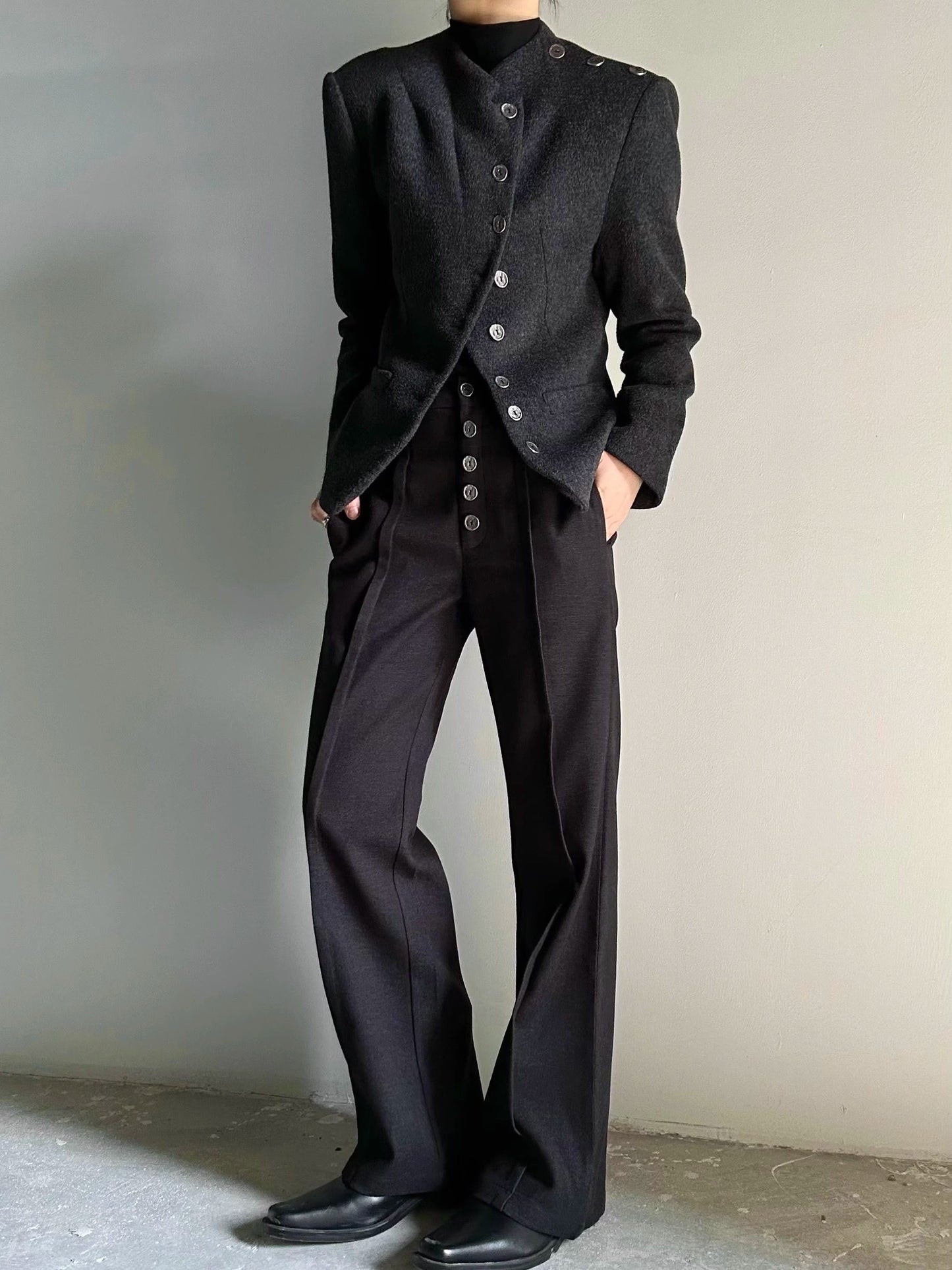 Wool Standing-Collar Button-Front Tailored Jacket & Design Shawl Set WN23141