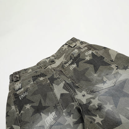 Star Print Washed Wide Leg Denim Jeans WN23602