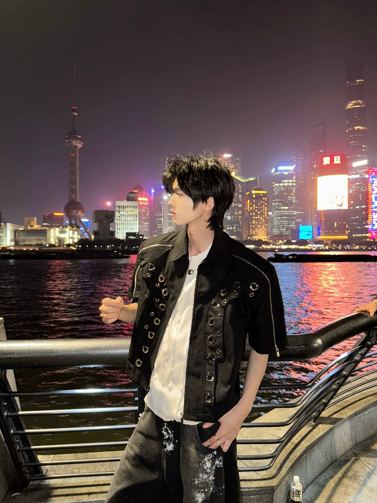 Metal Hollow Shoulder-Pad Zipper Jacket WN20739