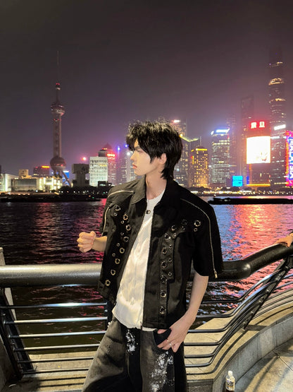 Metal Hollow Shoulder-Pad Zipper Jacket WN20739