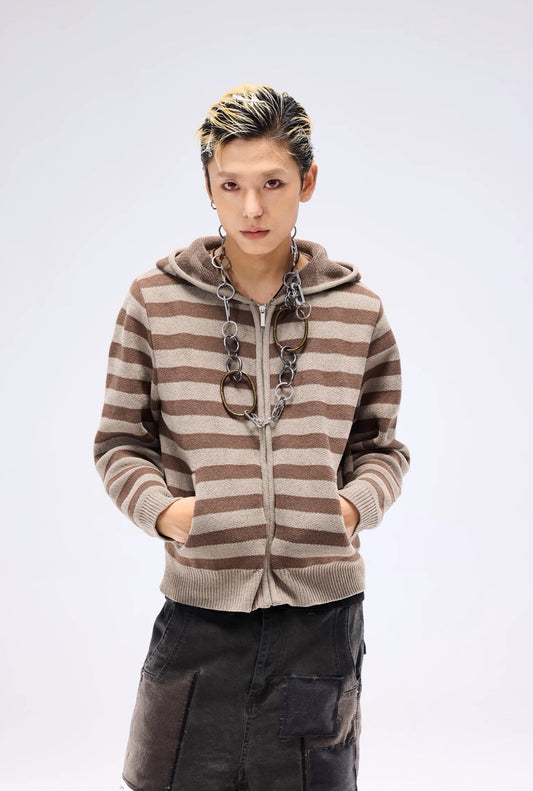 Stripe Knit Short Hooded Zipper Cardigan WN13691