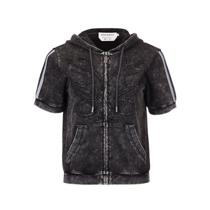 Wash Patch Embroidery Zipper Short Sleeve Hoodie WN18937