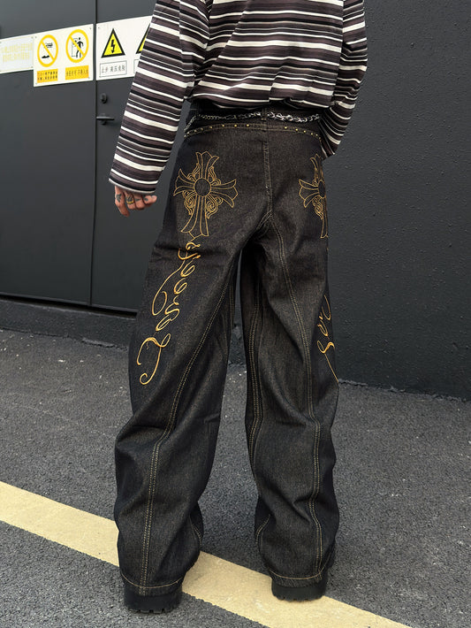 Cross Embroidery Wash Curved Cut Wide Leg Denim Jeans WN23023