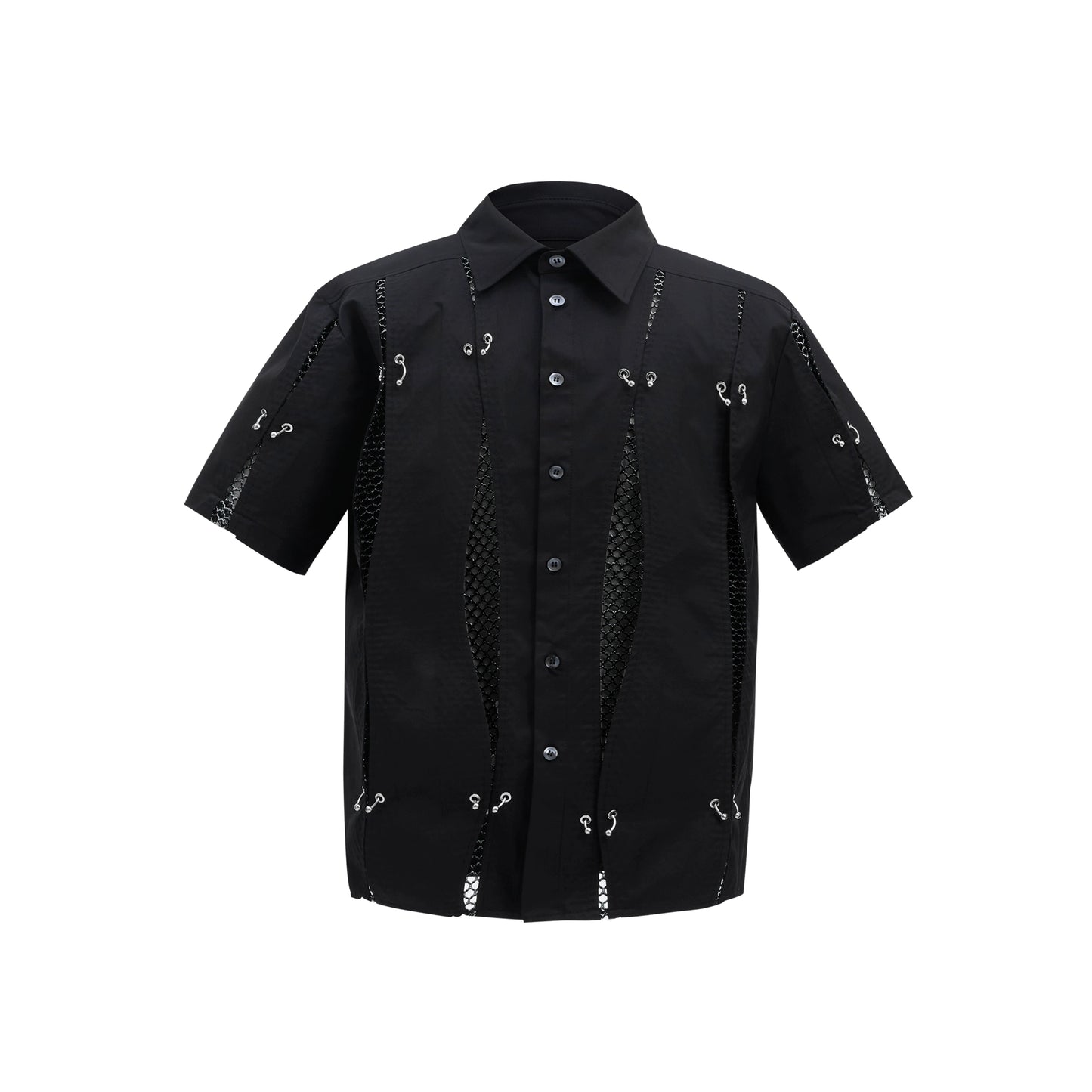 Metal Ring Patchwork Hollow Mesh Design Short Sleeve Shirt WN6511