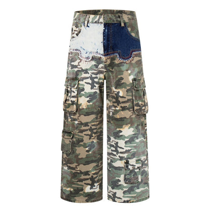 Denim Camouflage Patchwork Multi-Pocket Wide Leg Cargo Pants WN27858