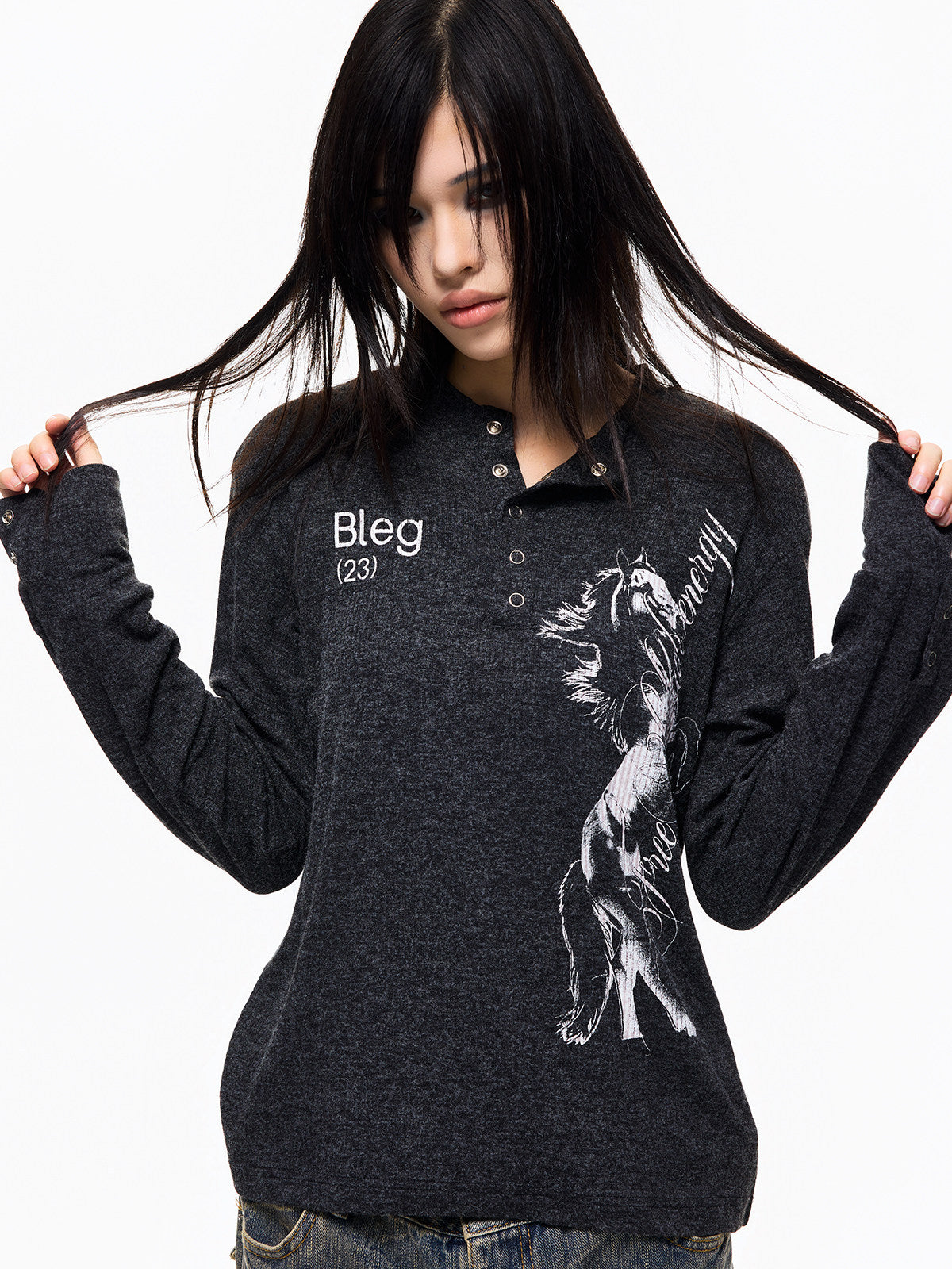 Henley Neck Horse Print Regular Shoulder Long Sleeve T-Shirt WN27329