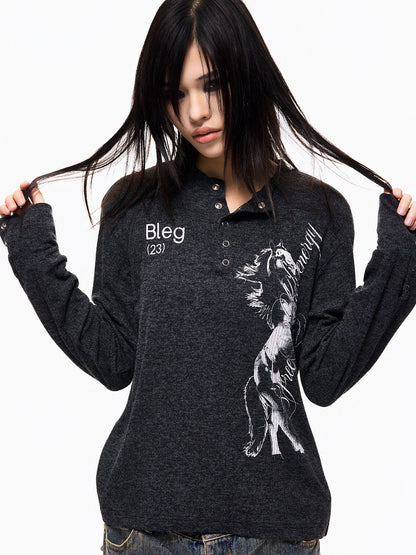 Henley Neck Horse Print Regular Shoulder Long Sleeve T-Shirt WN27329