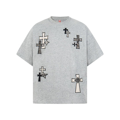 Cotton Cross Applique Embroidery Short Sleeve T-Shirt WN25577