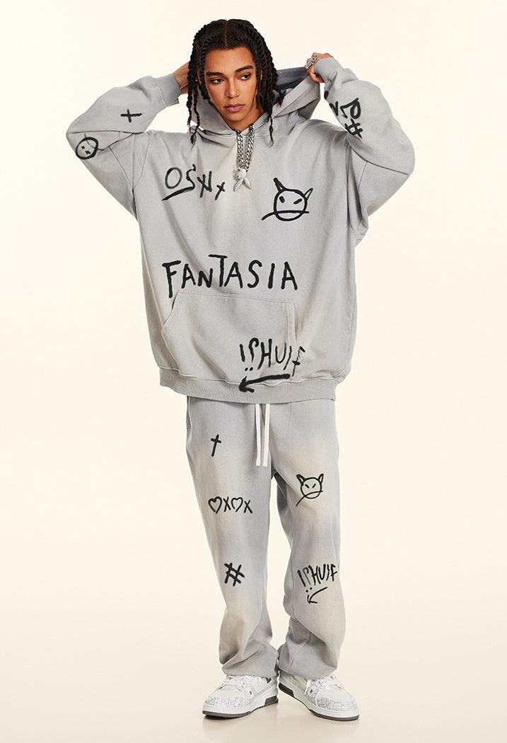 Hand-drawn Graffiti Print Hoodie & Sweatpants Setup WN9955