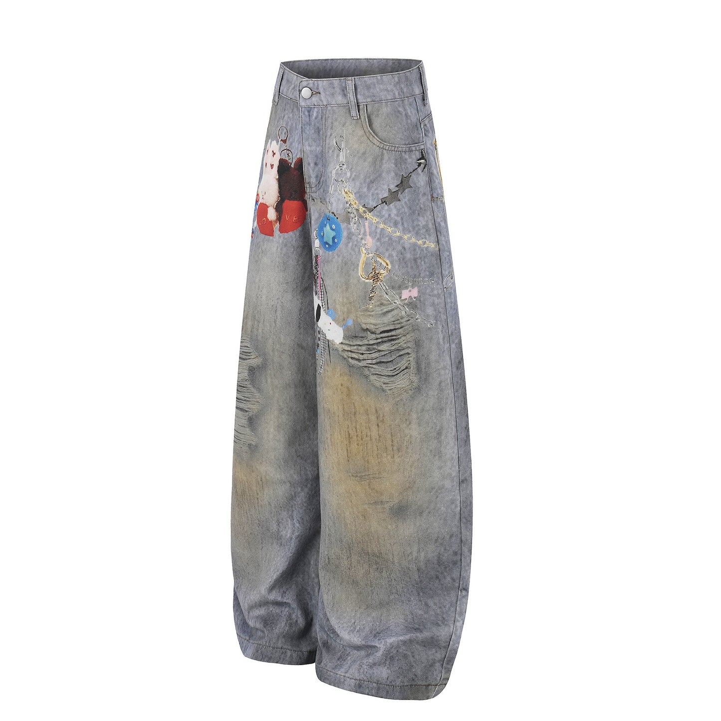 Washed Damage Embroidery Wide Leg Denim Jeans WN25388