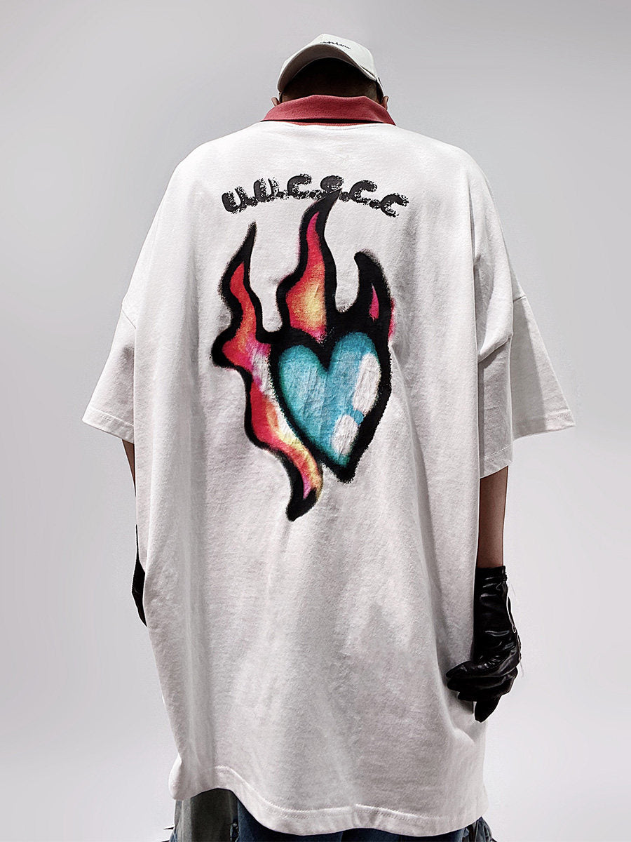 Flame Heart Print Oversize Short Sleeve T-Shirt WN24002