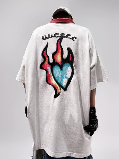 Flame Heart Print Oversize Short Sleeve T-Shirt WN24002