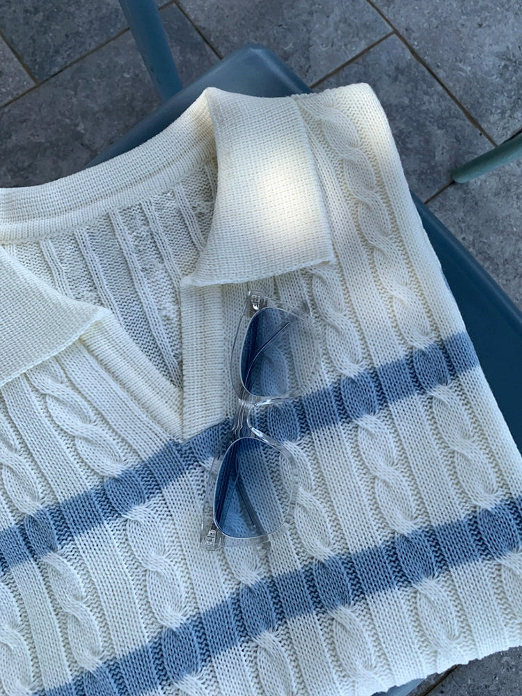 Cable Stripe Knit Lapel Short Sleeve Polo Shirt WN20322