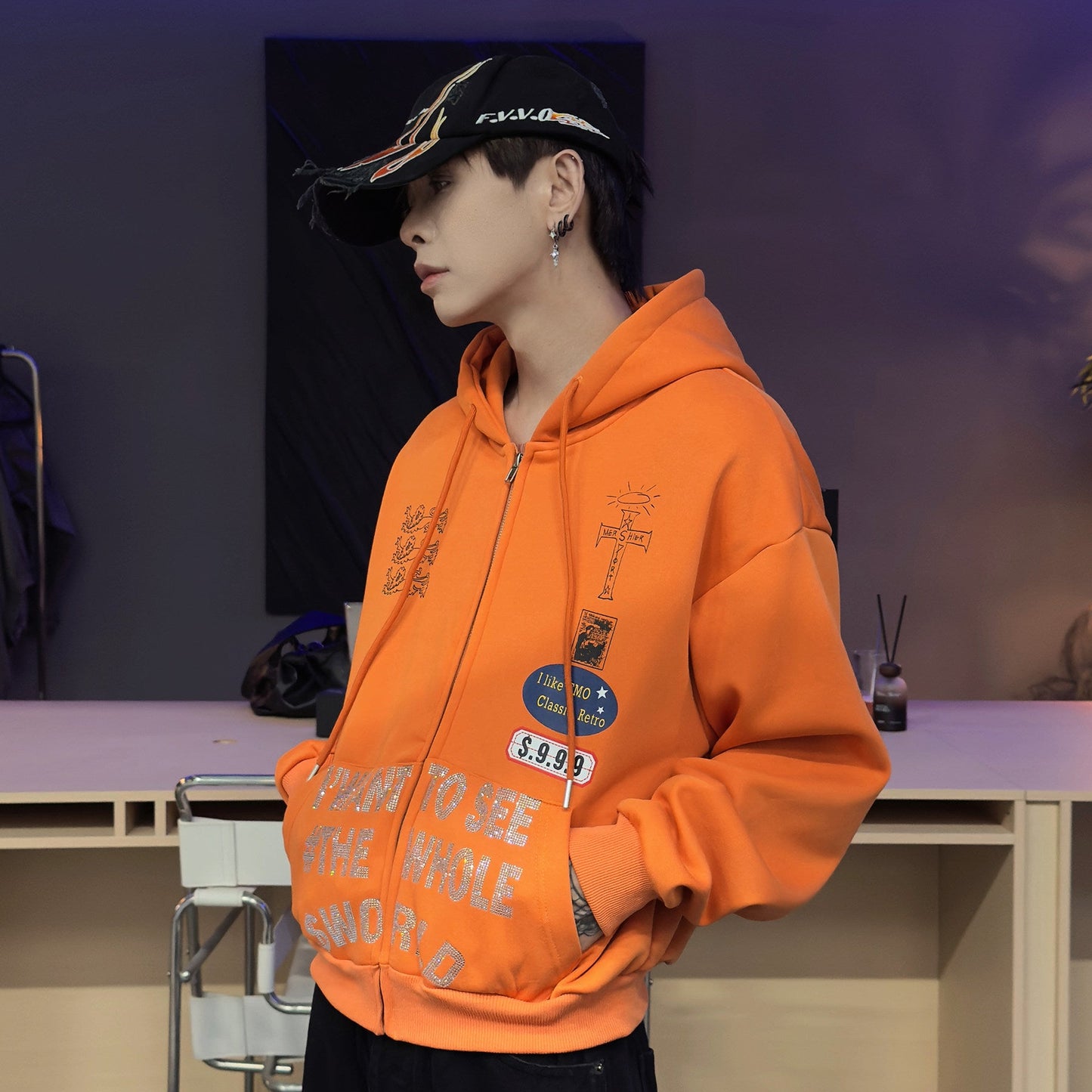 Rhinestone Design Fleece Zipper Hoodie WN22950