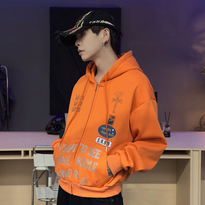 Rhinestone Design Fleece Zipper Hoodie WN22950