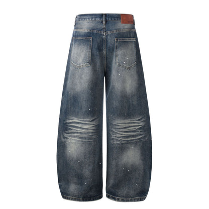 Washed Paint Rhinestone Wide Leg Curved Denim Jeans WN25876